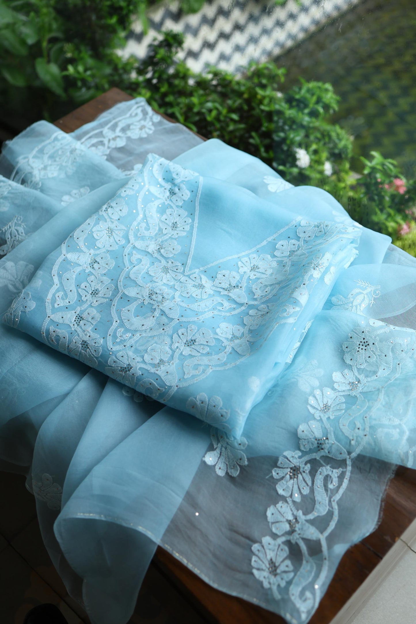 Powder Blue Shade Organza Silk Chikankari Unstitched Fabric