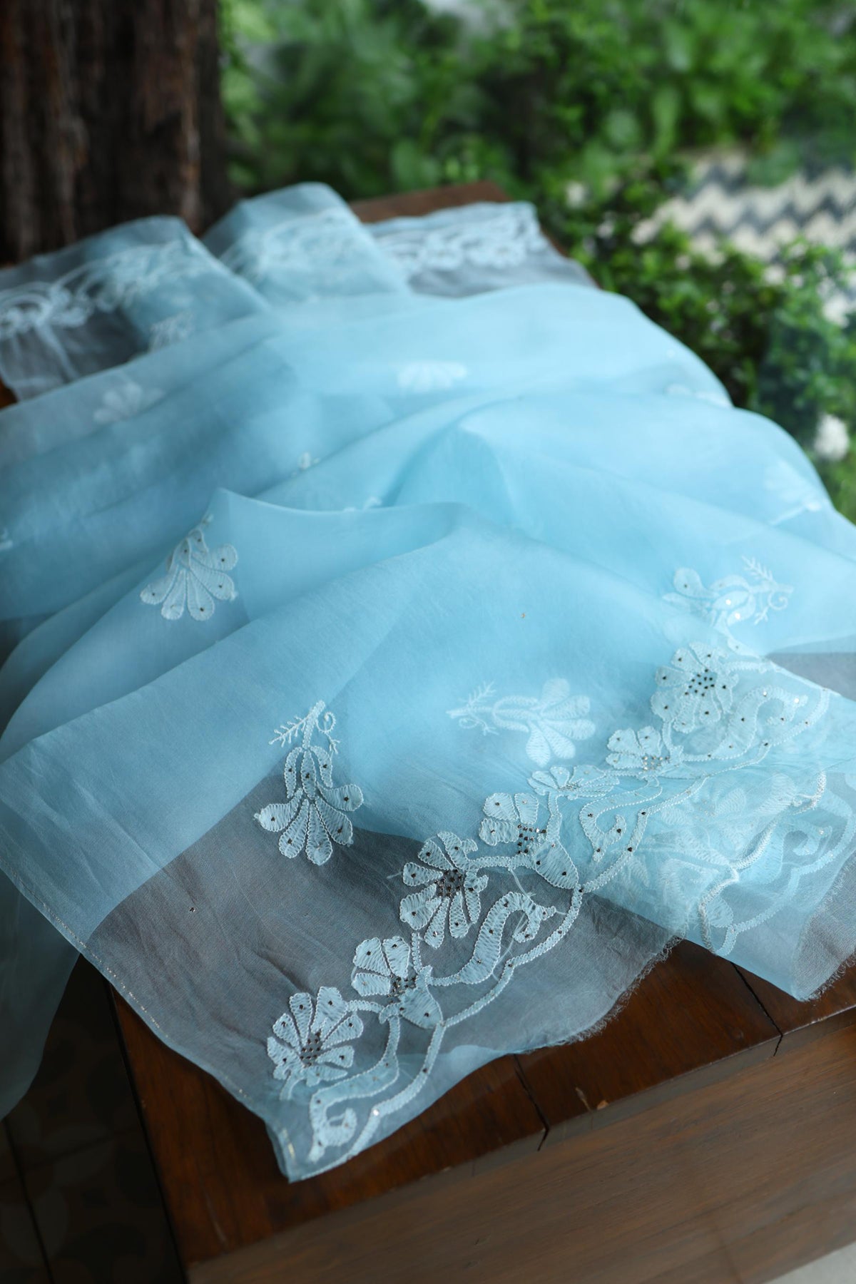 Powder Blue Shade Organza Silk Chikankari Unstitched Fabric