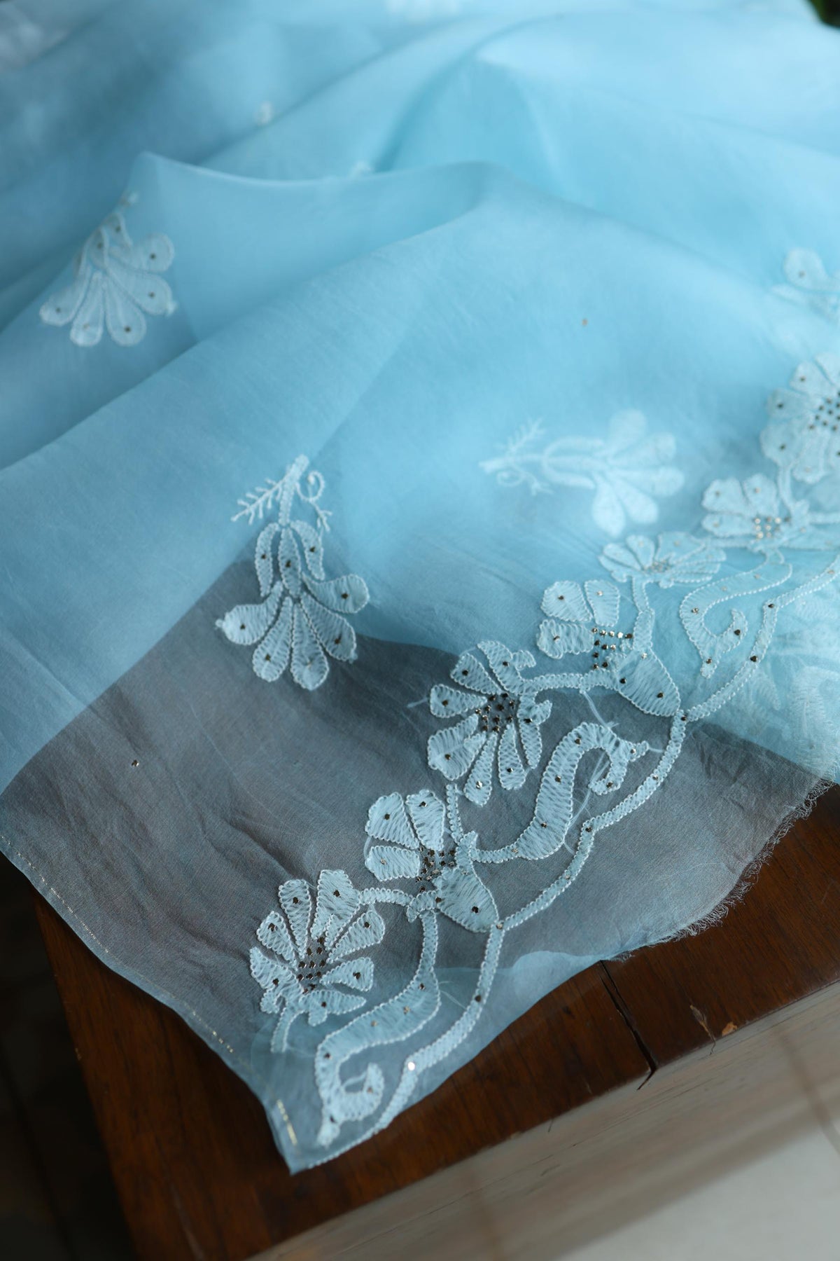 Powder Blue Shade Organza Silk Chikankari Unstitched Fabric