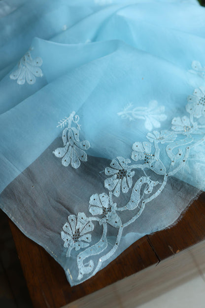 Powder Blue Shade Organza Silk Chikankari Unstitched Fabric