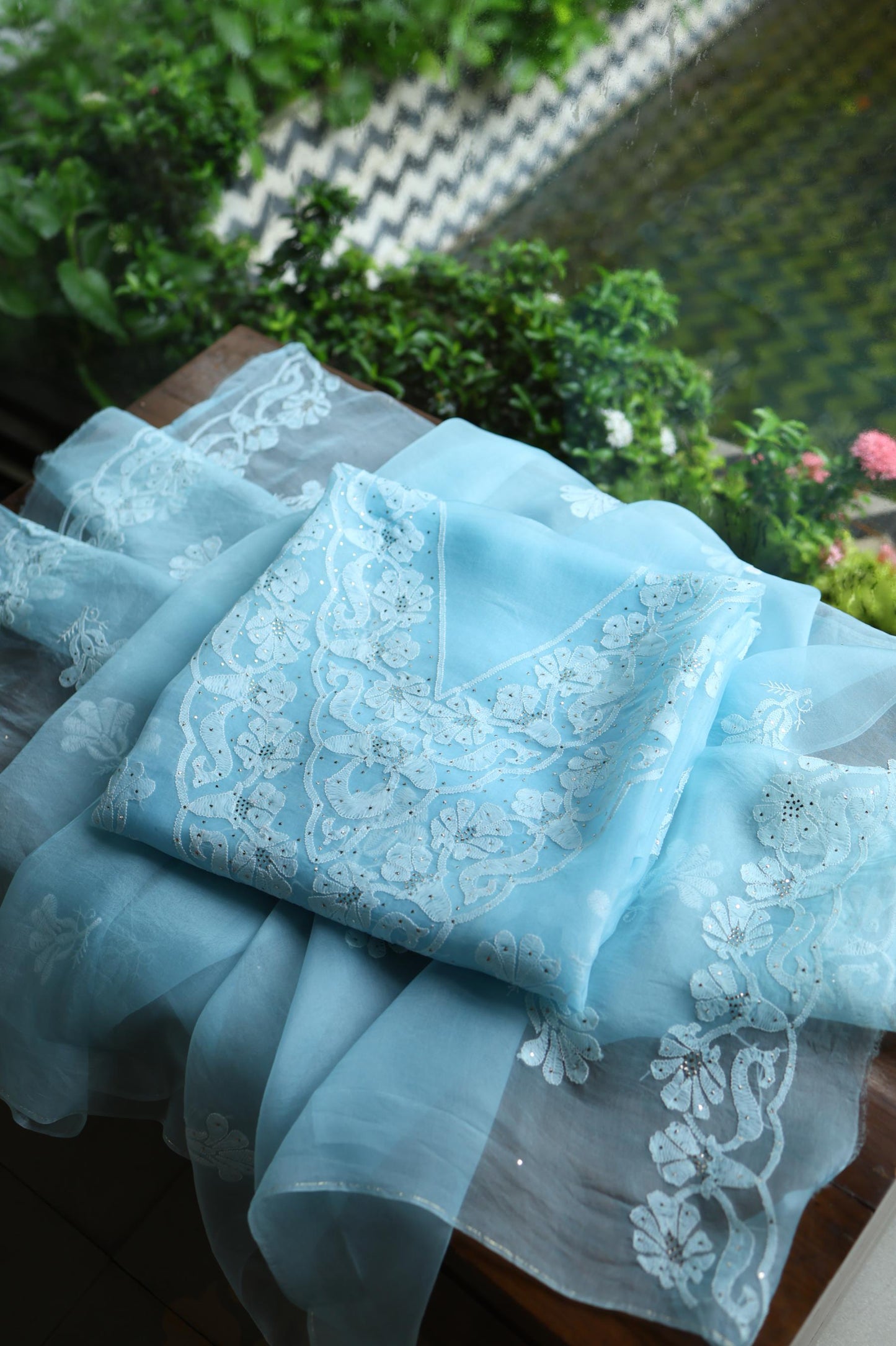 Powder Blue Shade Organza Silk Chikankari Unstitched Fabric