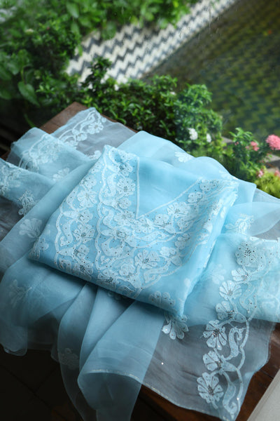 Powder Blue Shade Organza Silk Chikankari Unstitched Fabric
