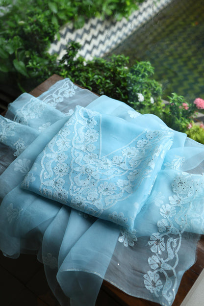 Powder Blue Shade Organza Silk Chikankari Unstitched Fabric