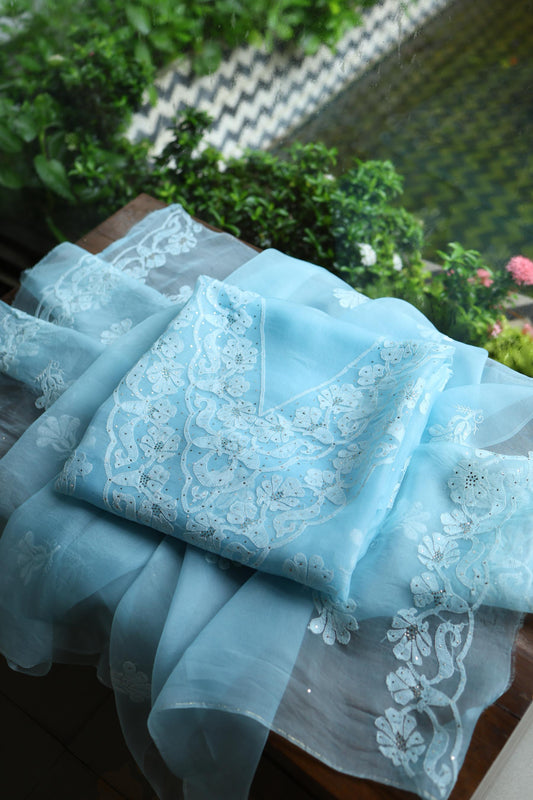 Powder Blue Shade Organza Silk Chikankari Unstitched Fabric