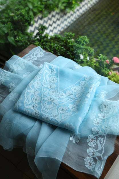 Powder Blue Shade Organza Silk Chikankari Unstitched Fabric