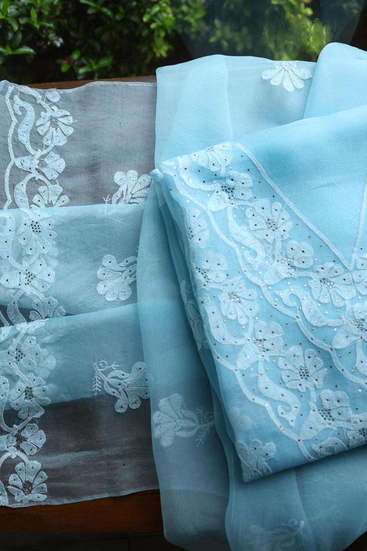 Powder Blue Shade Organza Silk Chikankari Unstitched Fabric