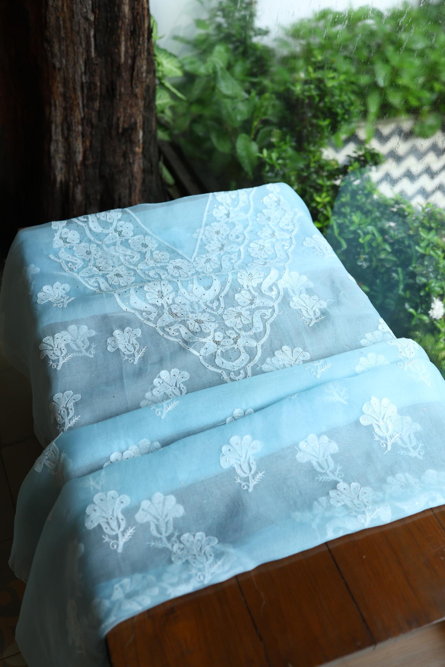 Powder Blue Shade Organza Silk Chikankari Unstitched Fabric