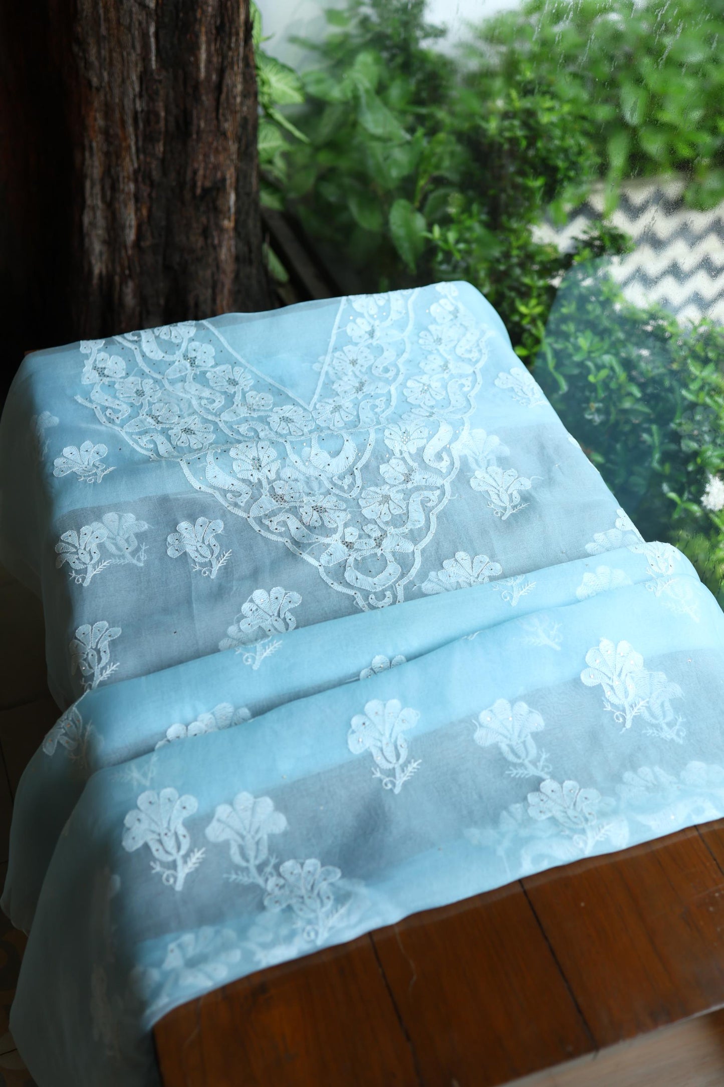 Powder Blue Shade Organza Silk Chikankari Unstitched Fabric