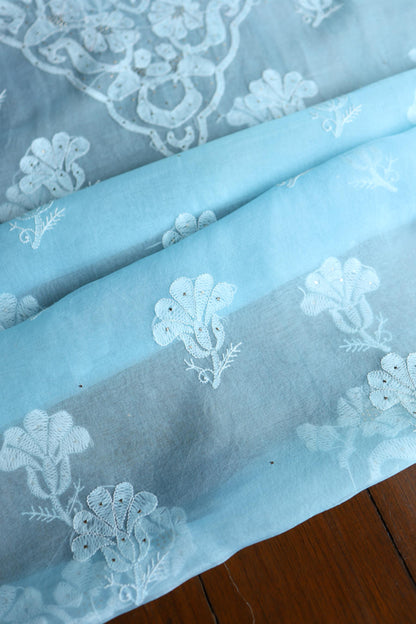 Powder Blue Shade Organza Silk Chikankari Unstitched Fabric