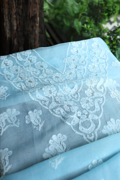 Powder Blue Shade Organza Silk Chikankari Unstitched Fabric