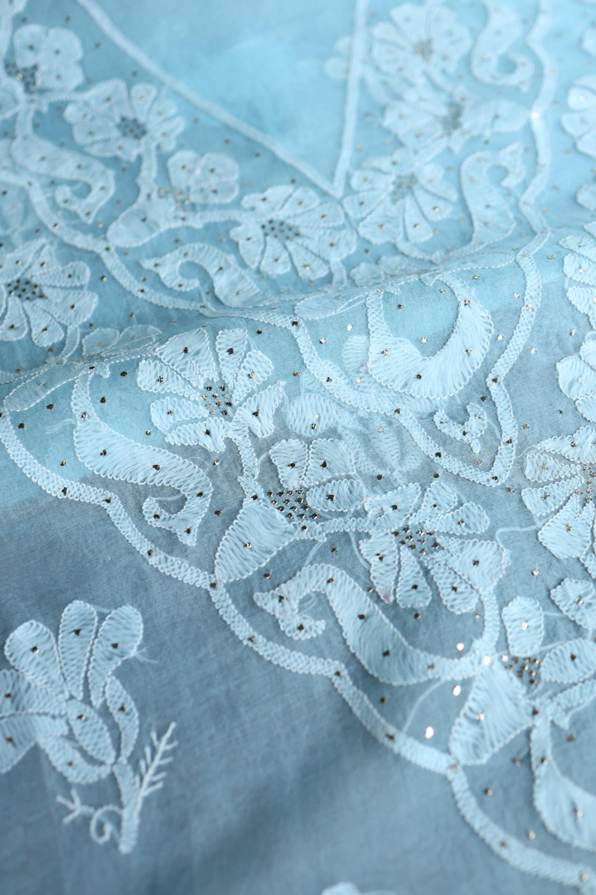 Powder Blue Shade Organza Silk Chikankari Unstitched Fabric