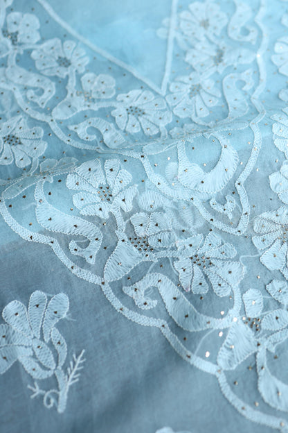 Powder Blue Shade Organza Silk Chikankari Unstitched Fabric