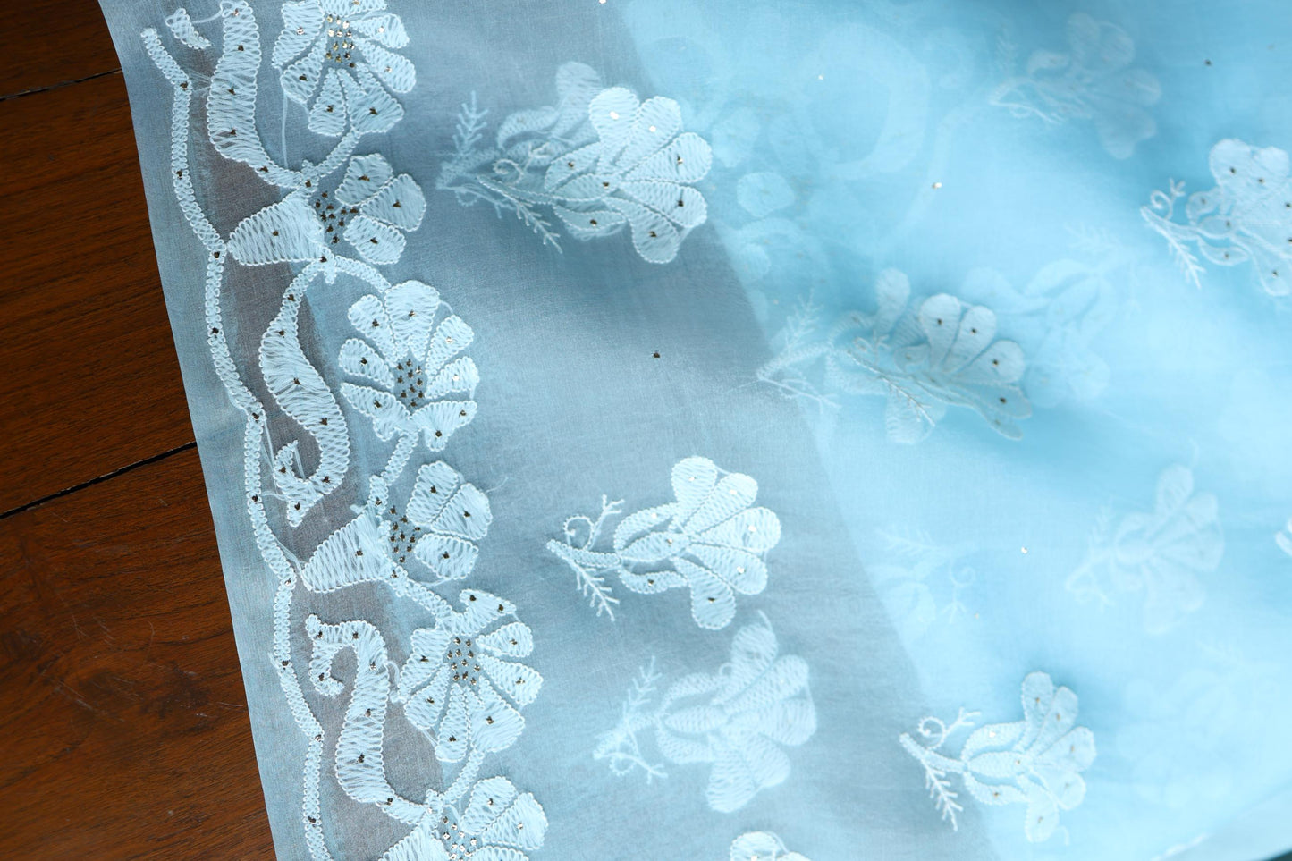 Powder Blue Shade Organza Silk Chikankari Unstitched Fabric