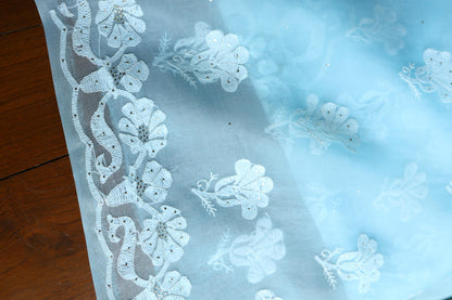 Powder Blue Shade Organza Silk Chikankari Unstitched Fabric