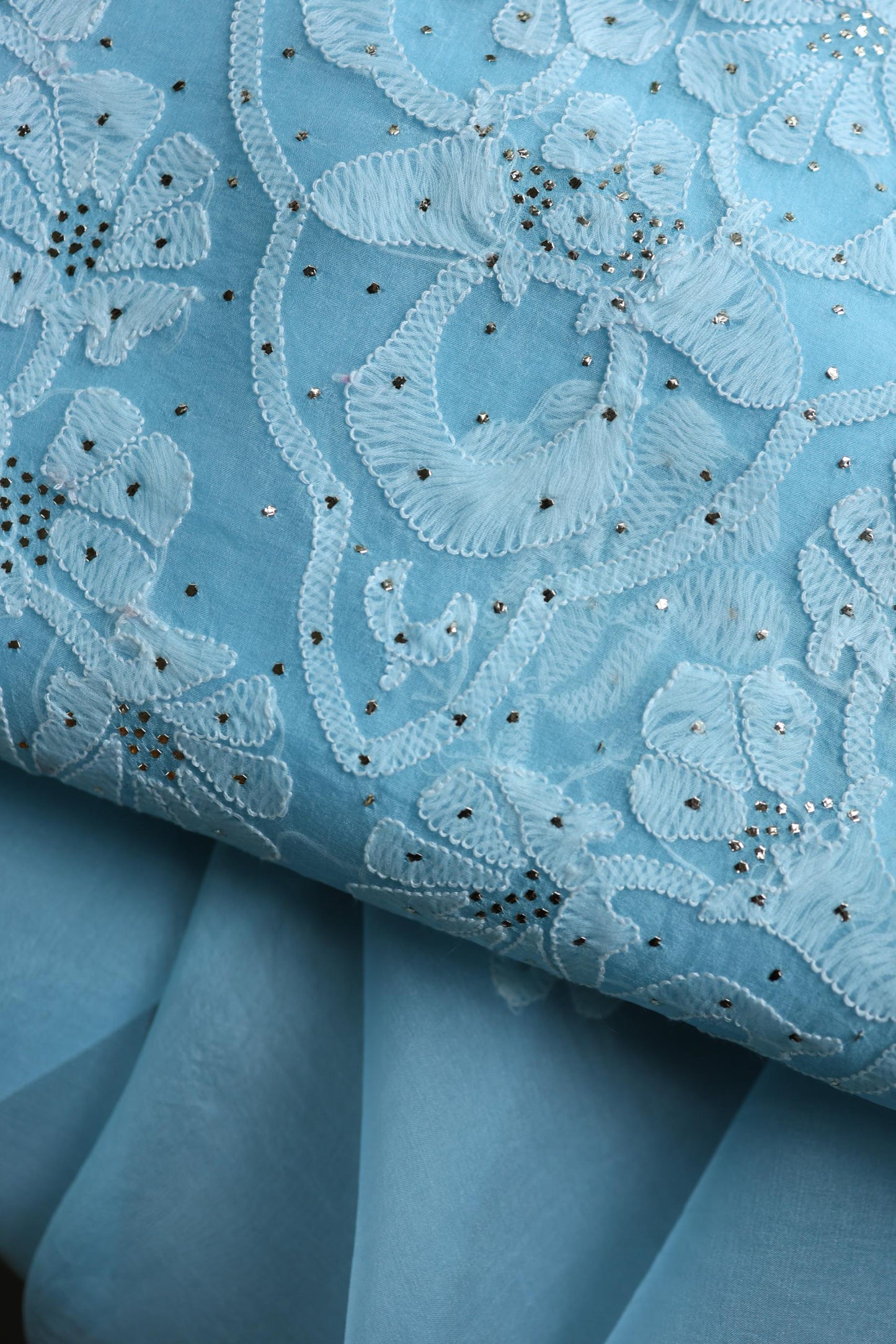 Powder Blue Shade Organza Silk Chikankari Unstitched Fabric