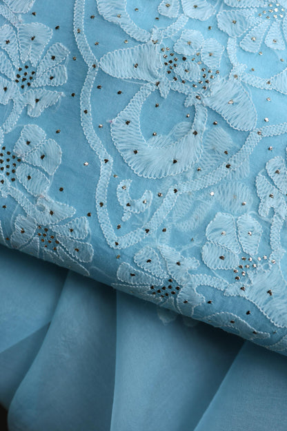 Powder Blue Shade Organza Silk Chikankari Unstitched Fabric