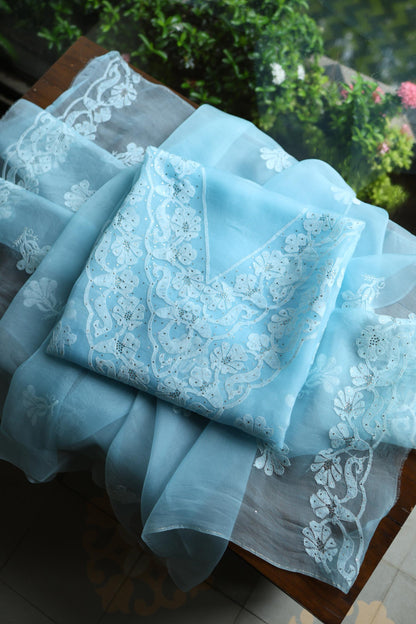 Powder Blue Shade Organza Silk Chikankari Unstitched Fabric