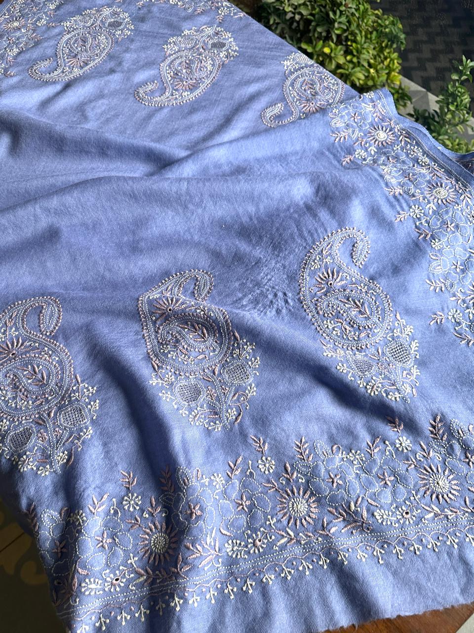 Powder Blue Shade Saman Pashmina Resham Thread Fine Chikankari Shawl