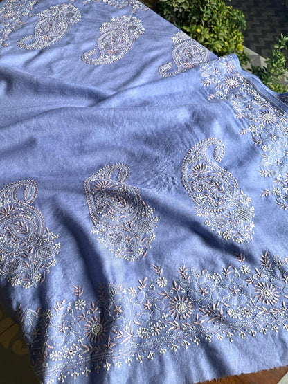 Powder Blue Shade Saman Pashmina Resham Thread Fine Chikankari Shawl