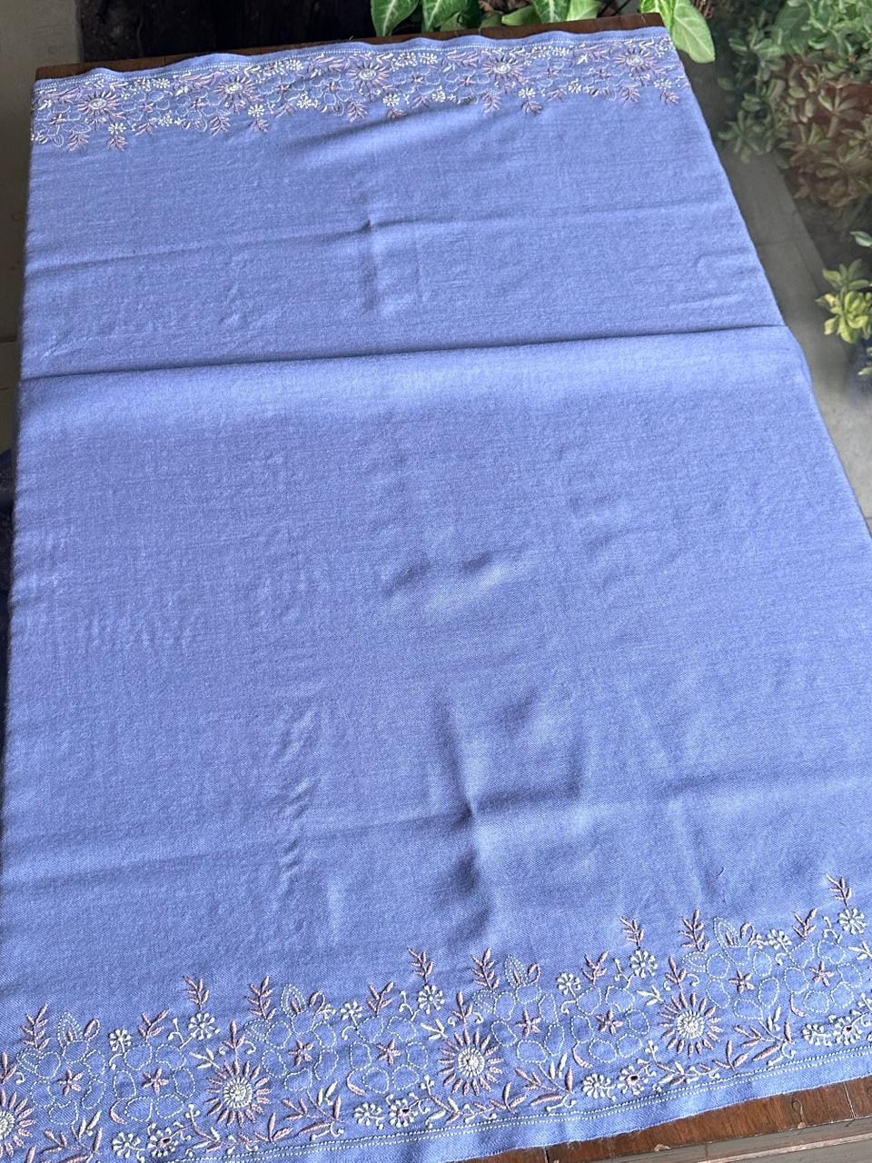 Powder Blue Shade Saman Pashmina Resham Thread Fine Chikankari Shawl