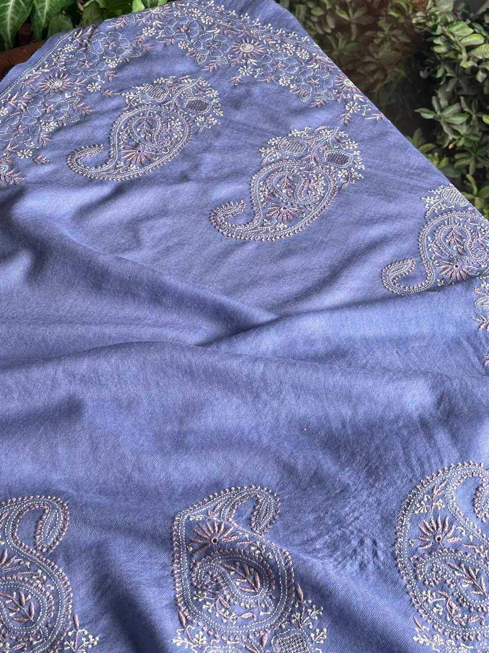 Powder Blue Shade Saman Pashmina Resham Thread Fine Chikankari Shawl