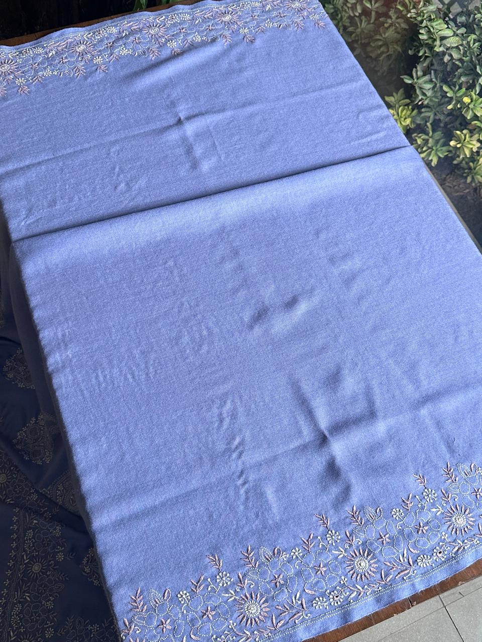 Powder Blue Shade Saman Pashmina Resham Thread Fine Chikankari Shawl