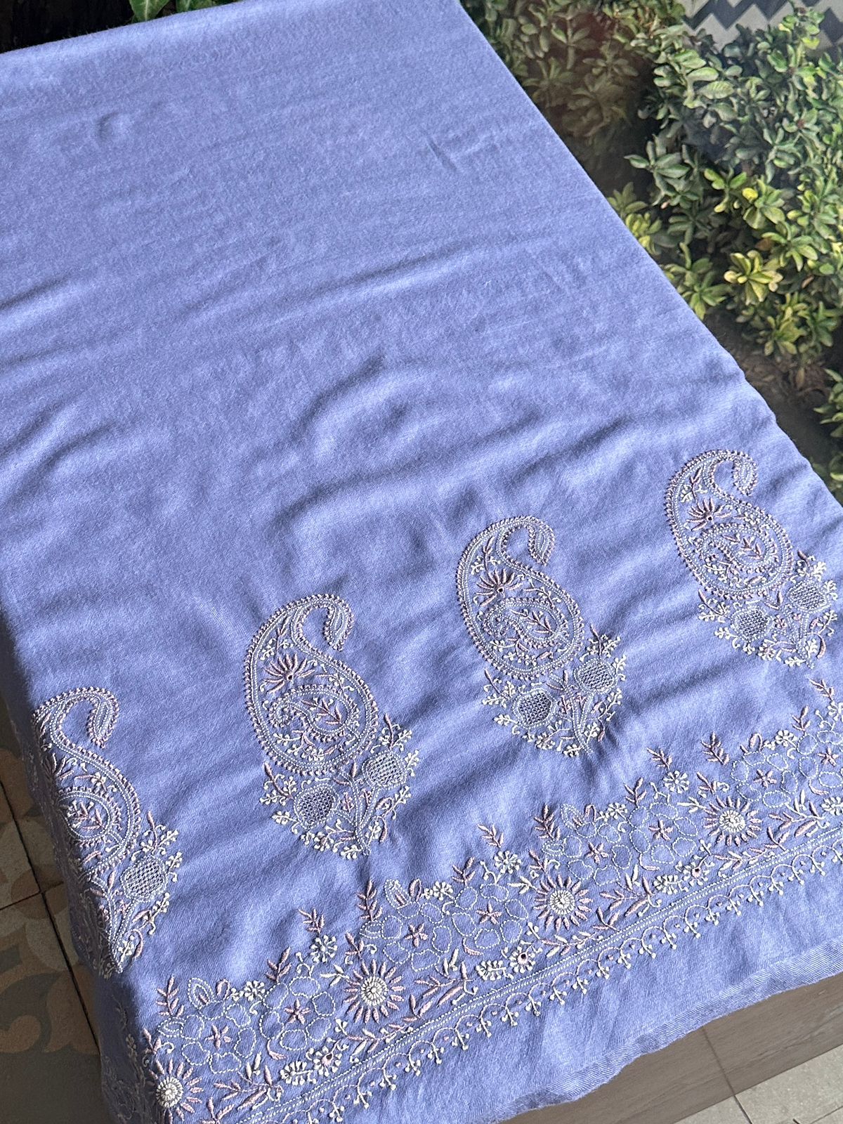Powder Blue Shade Saman Pashmina Resham Thread Fine Chikankari Shawl