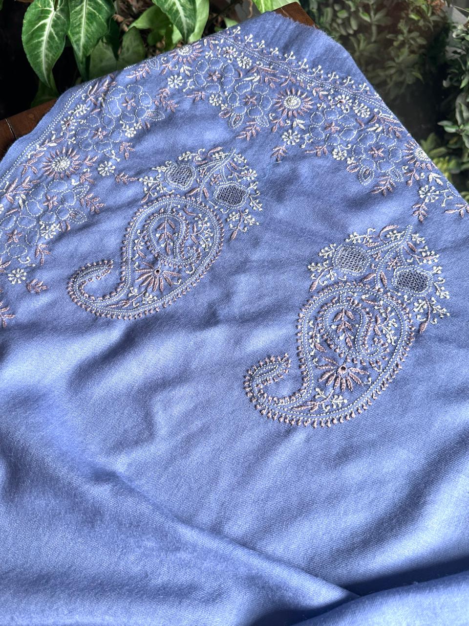 Powder Blue Shade Saman Pashmina Resham Thread Fine Chikankari Shawl