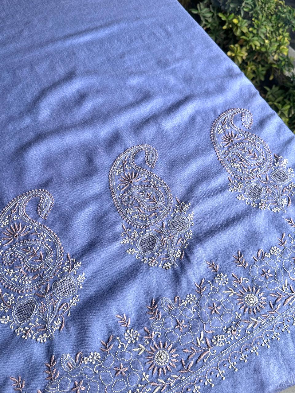 Powder Blue Shade Saman Pashmina Resham Thread Fine Chikankari Shawl