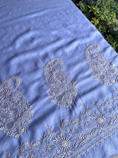 Powder Blue Shade Saman Pashmina Resham Thread Fine Chikankari Shawl