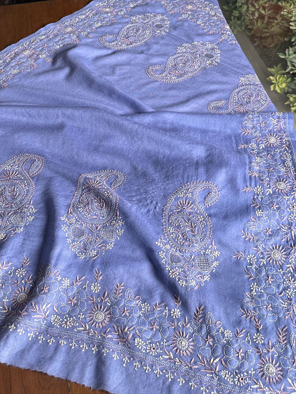 Powder Blue Shade Saman Pashmina Resham Thread Fine Chikankari Shawl