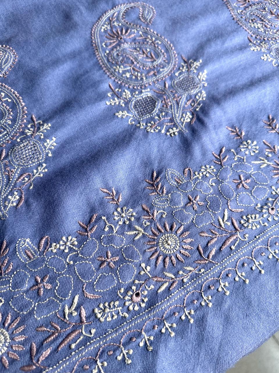 Powder Blue Shade Saman Pashmina Resham Thread Fine Chikankari Shawl