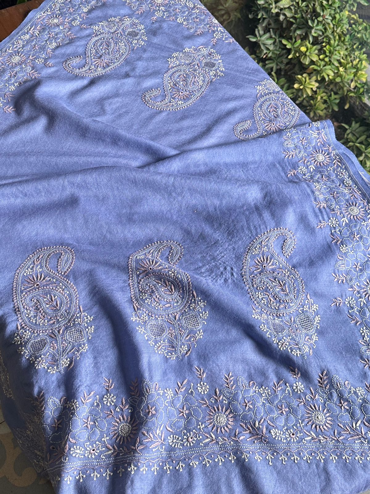 Powder Blue Shade Saman Pashmina Resham Thread Fine Chikankari Shawl