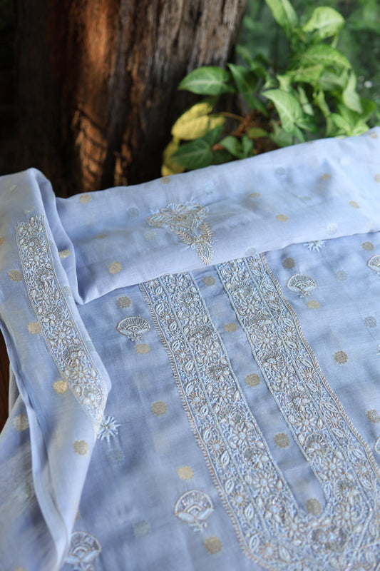 Powder Blue Shade Shade Zari Chanderi Unisex Chikankari Unstitched Men’s Kurta Fabric