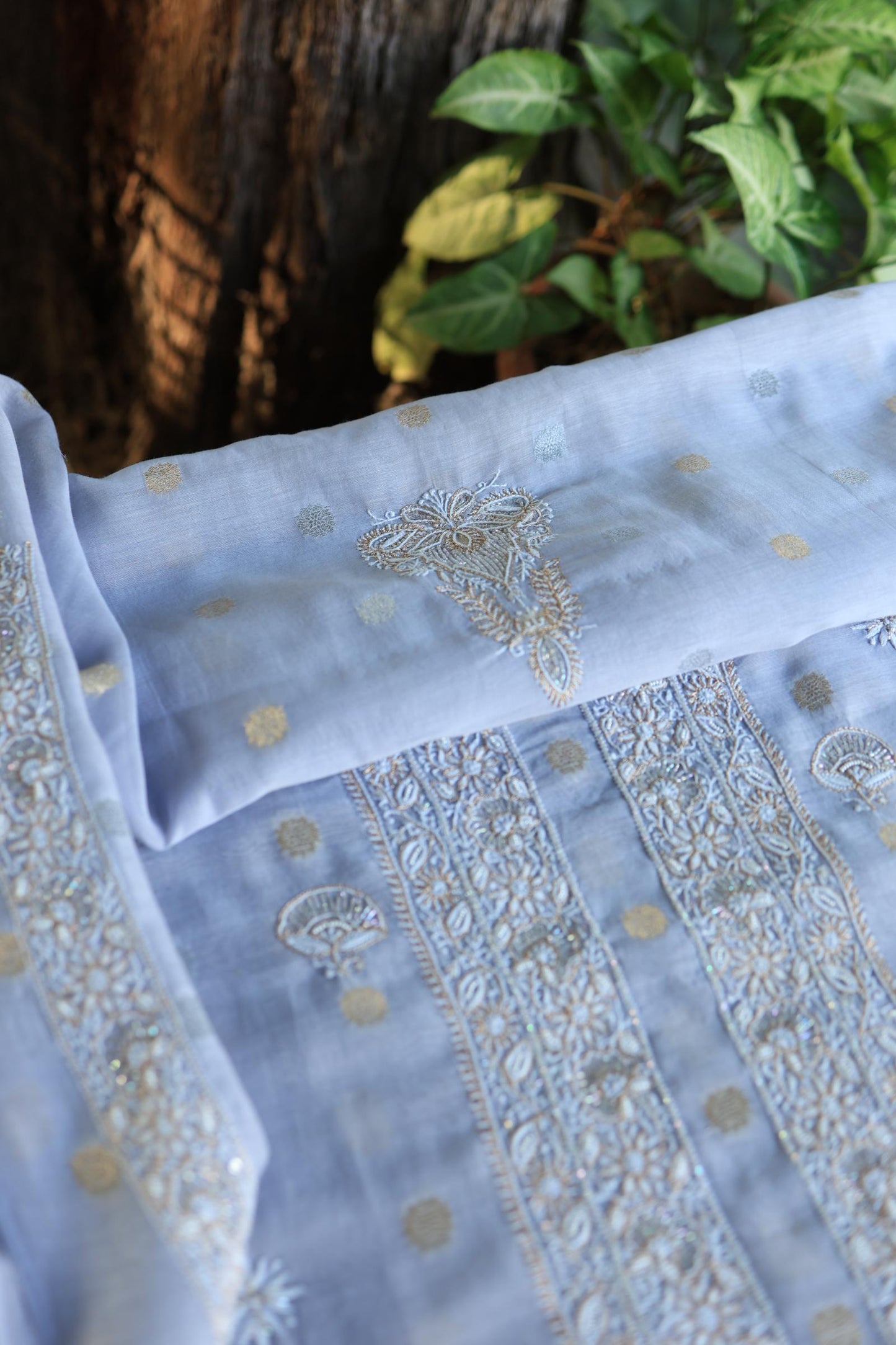 Powder Blue Shade Shade Zari Chanderi Unisex Chikankari Unstitched Men’s Kurta Fabric