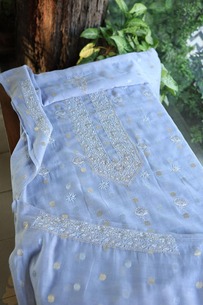 Powder Blue Shade Shade Zari Chanderi Unisex Chikankari Unstitched Men’s Kurta Fabric