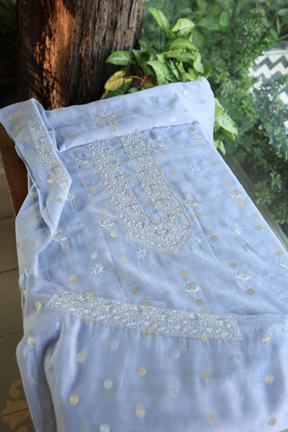 Powder Blue Shade Shade Zari Chanderi Unisex Chikankari Unstitched Men’s Kurta Fabric