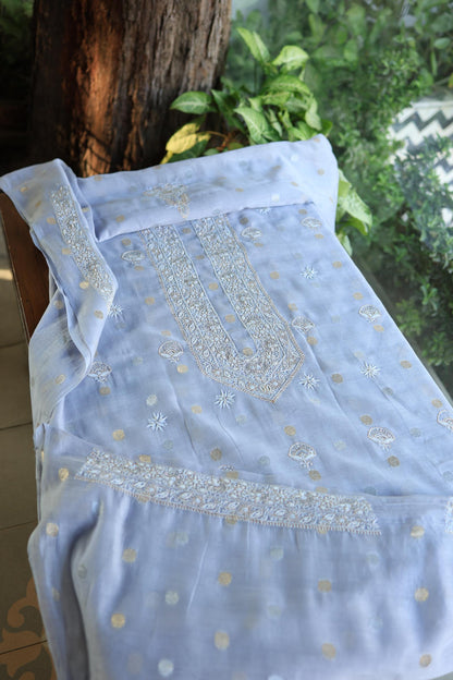 Powder Blue Shade Shade Zari Chanderi Unisex Chikankari Unstitched Men’s Kurta Fabric