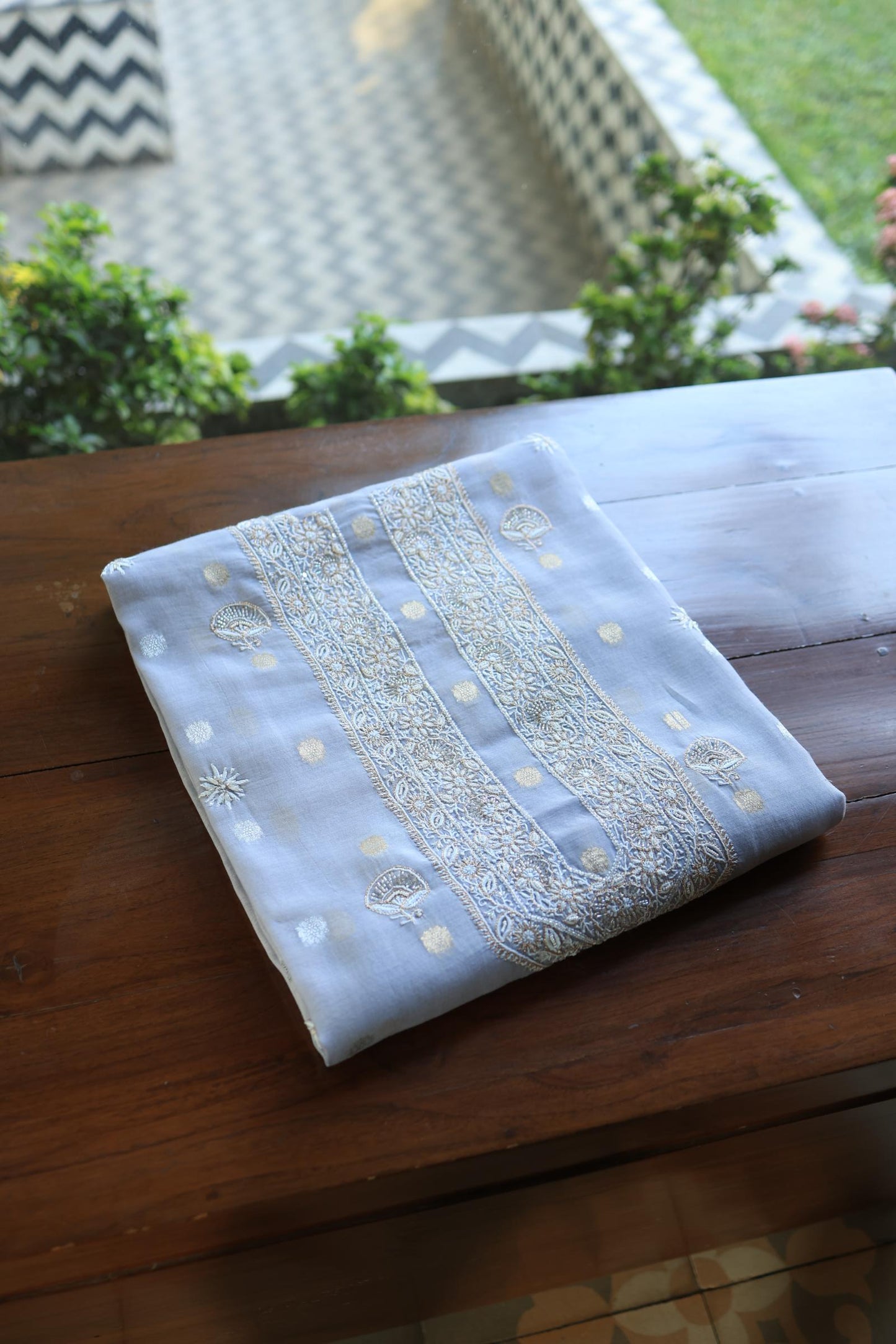 Powder Blue Shade Shade Zari Chanderi Unisex Chikankari Unstitched Men’s Kurta Fabric
