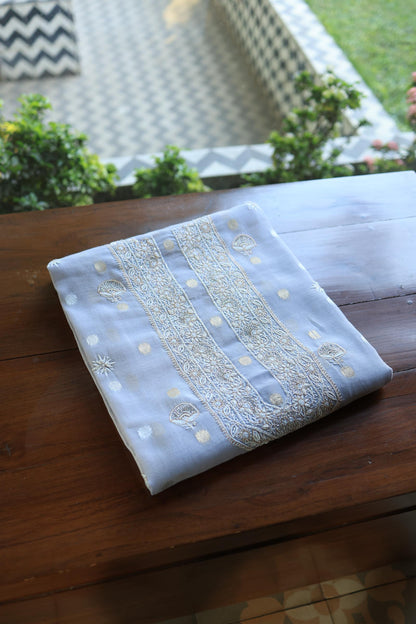 Powder Blue Shade Shade Zari Chanderi Unisex Chikankari Unstitched Men’s Kurta Fabric