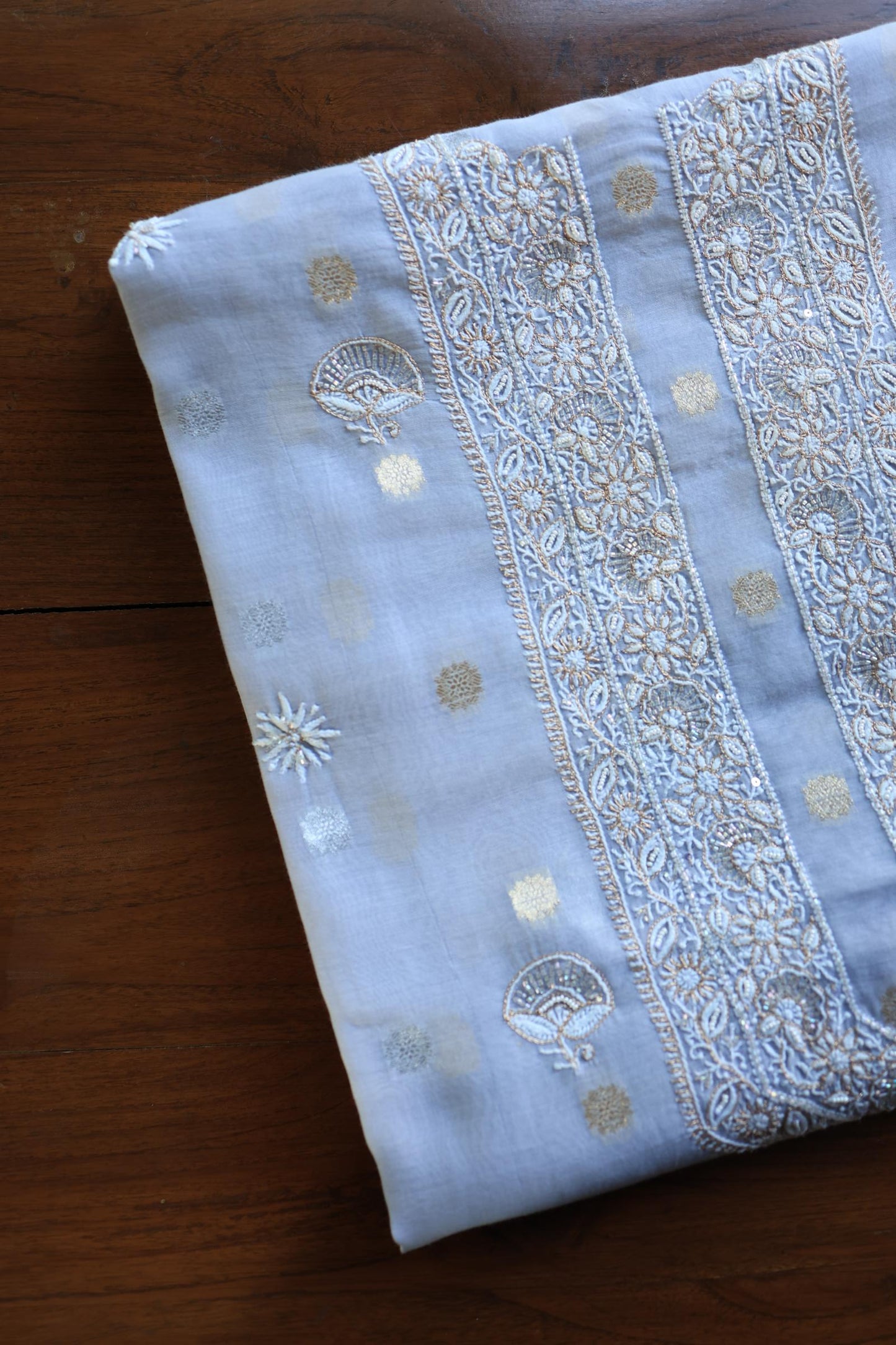 Powder Blue Shade Shade Zari Chanderi Unisex Chikankari Unstitched Men’s Kurta Fabric