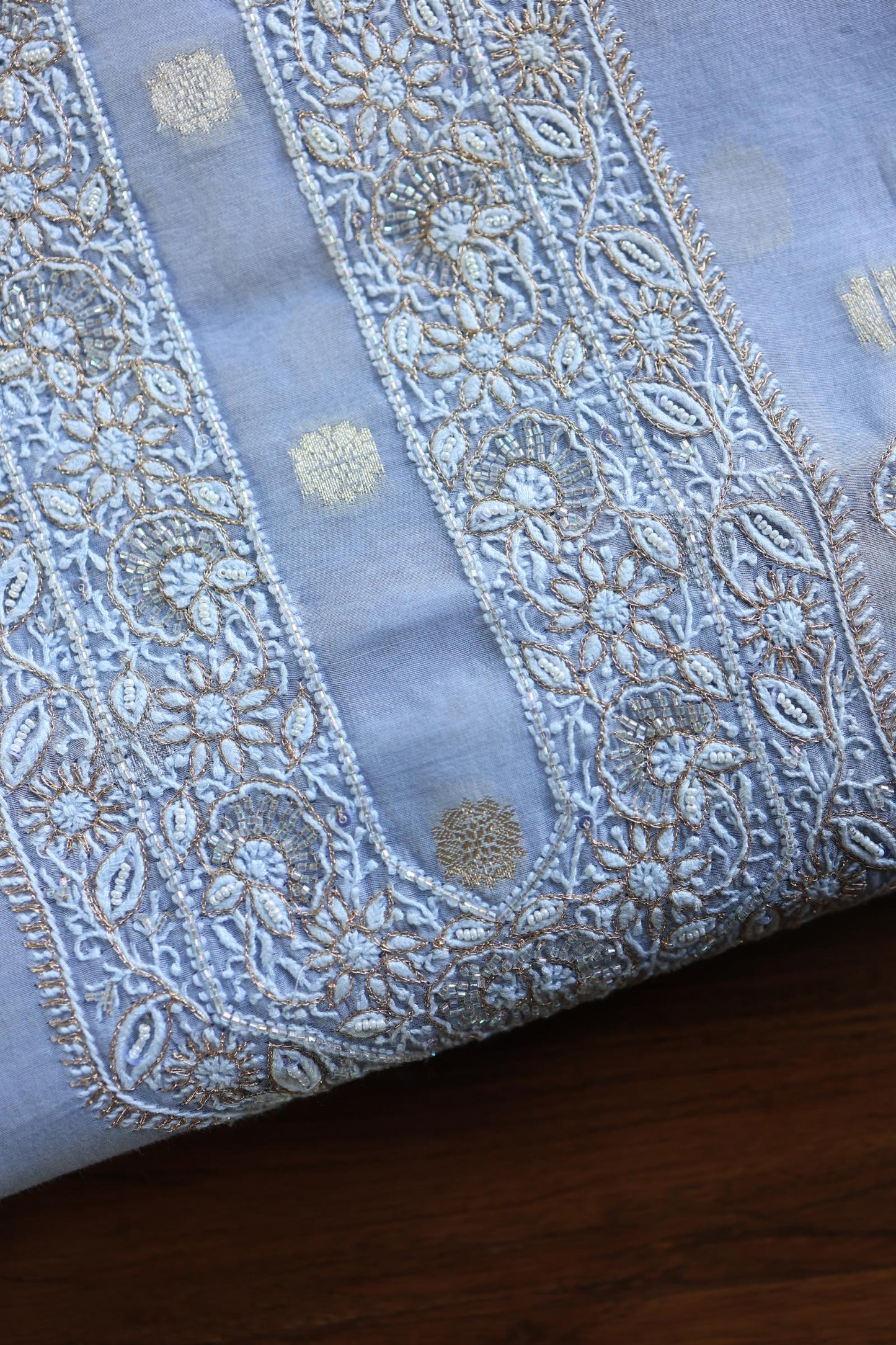 Powder Blue Shade Shade Zari Chanderi Unisex Chikankari Unstitched Men’s Kurta Fabric