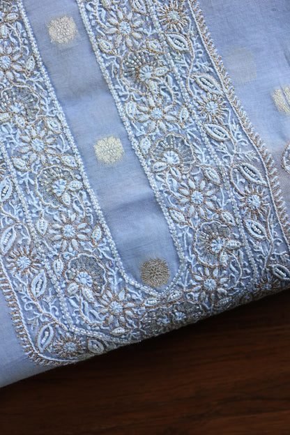 Powder Blue Shade Shade Zari Chanderi Unisex Chikankari Unstitched Men’s Kurta Fabric