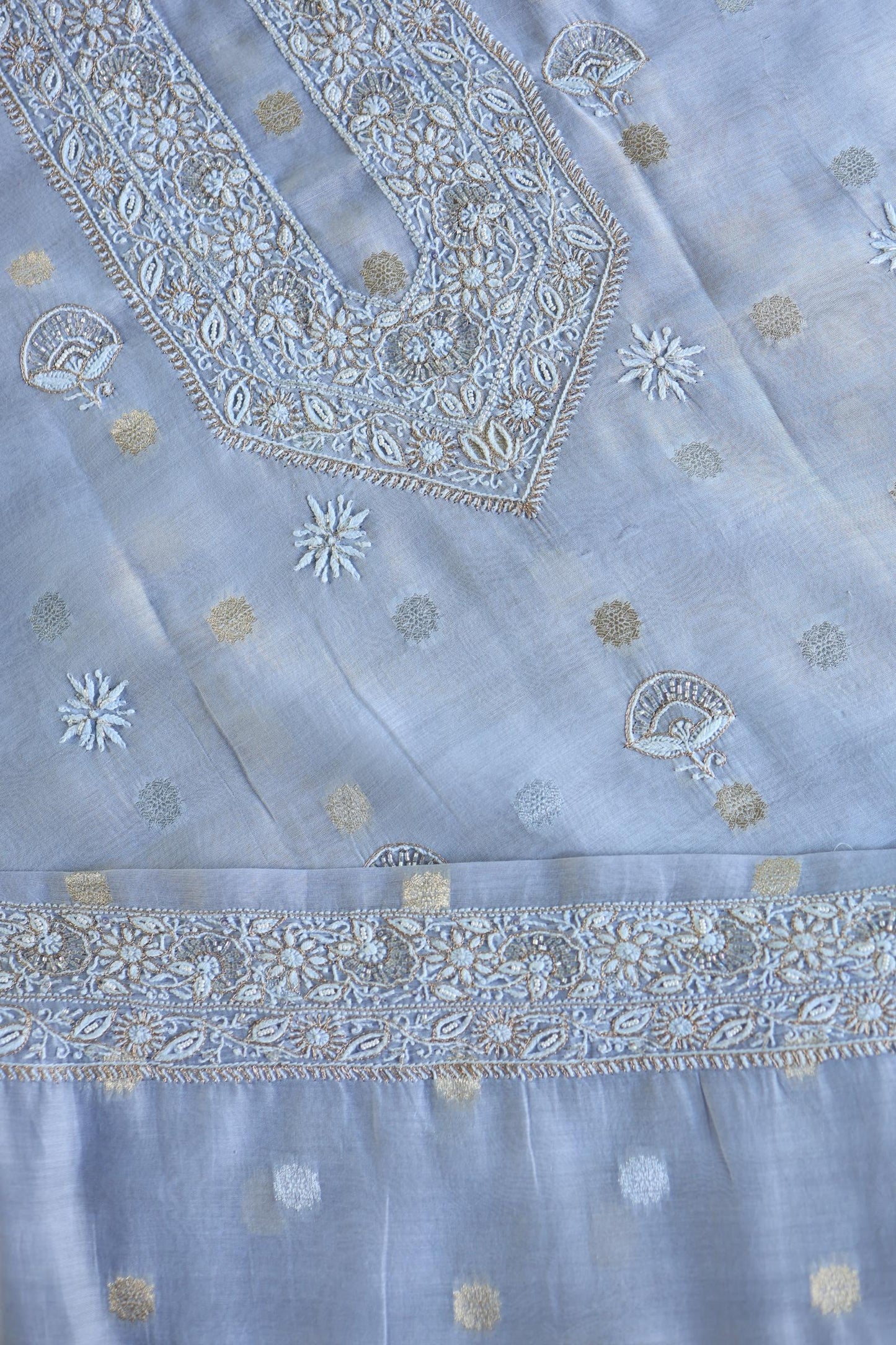 Powder Blue Shade Shade Zari Chanderi Unisex Chikankari Unstitched Men’s Kurta Fabric