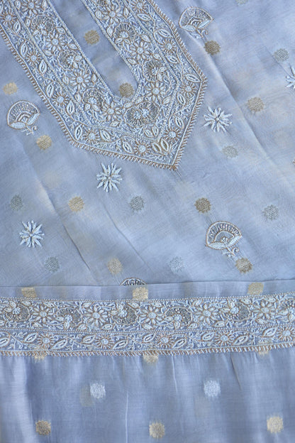 Powder Blue Shade Shade Zari Chanderi Unisex Chikankari Unstitched Men’s Kurta Fabric