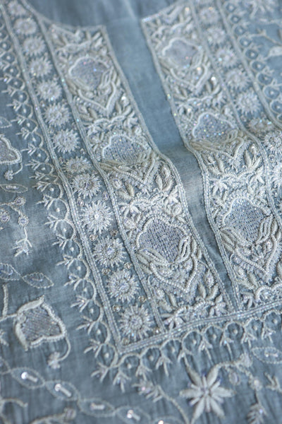 Powder Blue Shade Silver Tissue Silk Chikankari Unstitched Fabric