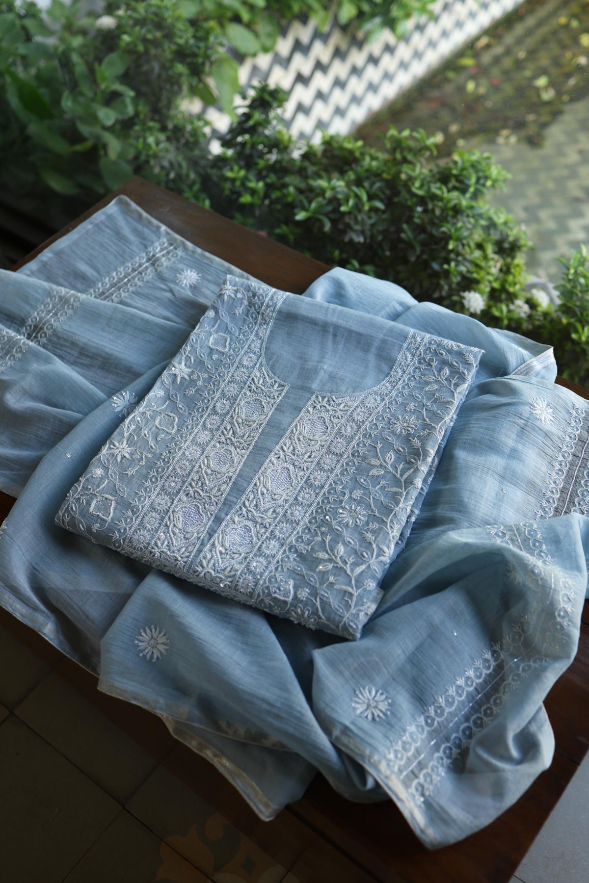 Powder Blue Shade Silver Tissue Silk Chikankari Unstitched Fabric