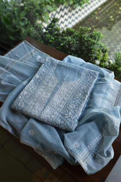 Powder Blue Shade Silver Tissue Silk Chikankari Unstitched Fabric