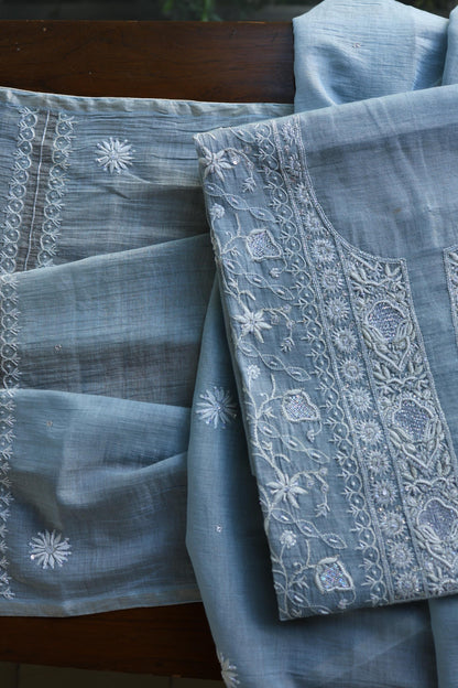 Powder Blue Shade Silver Tissue Silk Chikankari Unstitched Fabric