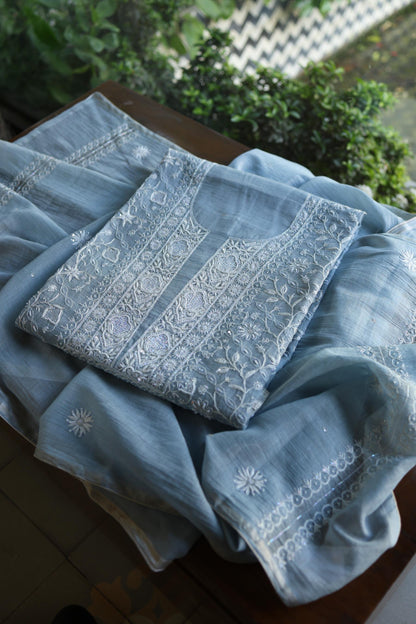 Powder Blue Shade Silver Tissue Silk Chikankari Unstitched Fabric